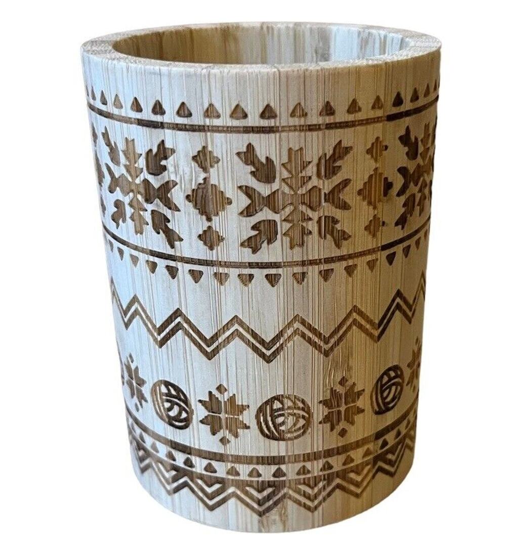 Hand Carved Wood Cup Pencils Pen Geometric Design Blonde Bamboo